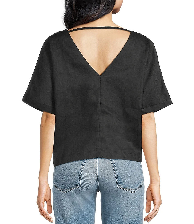 SASSO + SMYTH Linen V-Neck Short Sleeve Back Detail Top