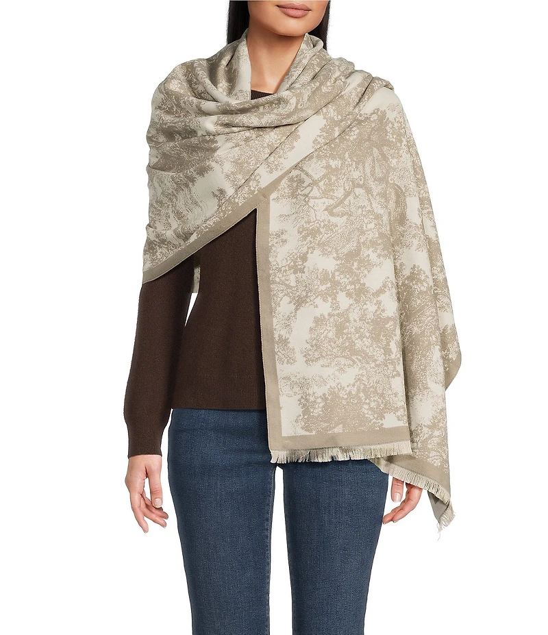 SASSO + SMYTH Toile Trees Fringe Detail Scarf Wrap