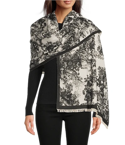 SASSO + SMYTH Toile Trees Fringe Detail Scarf Wrap