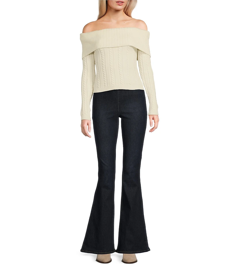 Say What Off The Shoulder Long Sleeve Cable Knit Top