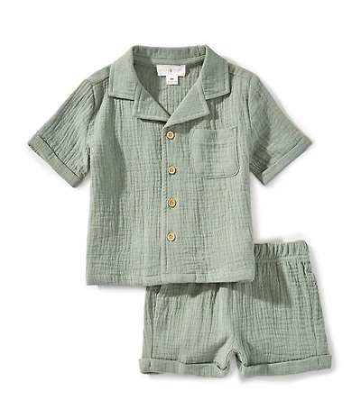 Scene&Heard Baby Boys Woven Gauze Short Sleeve Button Down Seersucker Shirt & Shorts Set