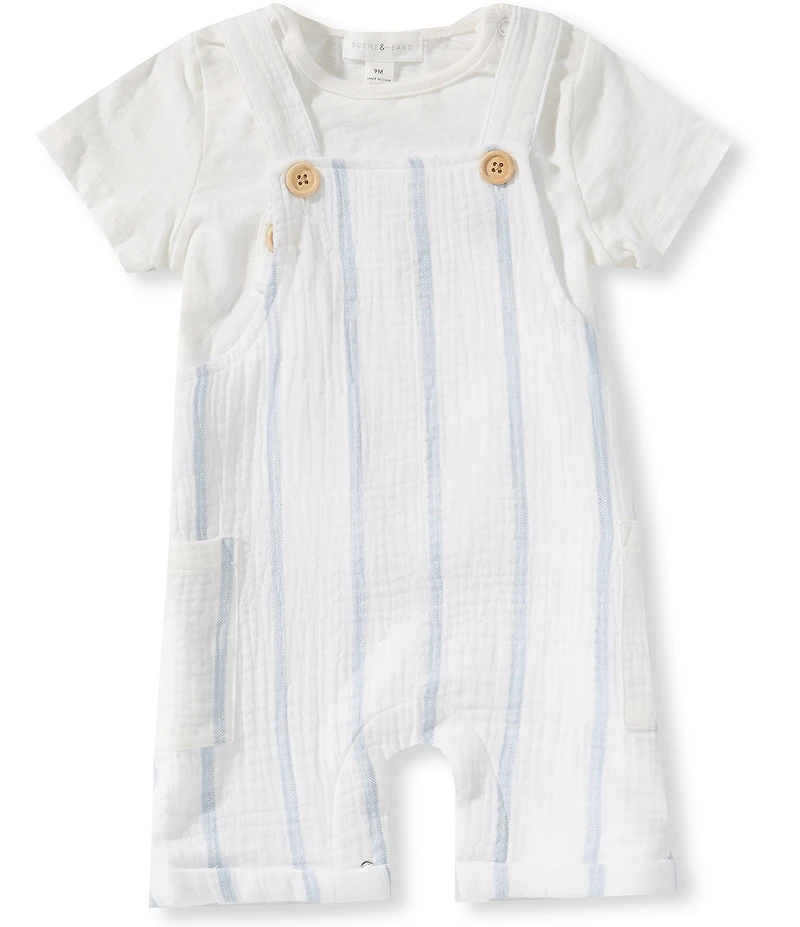Scene&Heard Baby Boys Short Sleeve Shirt & Striped Gauze Overalls Set
