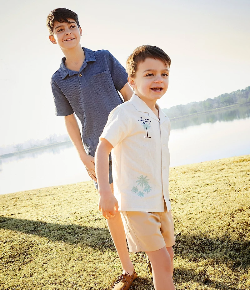 Scene&Heard Little Boys Embroidered Woven Linen Notch Collar Button Front Top