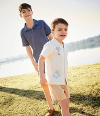 Scene&Heard Little Boys Embroidered Woven Linen Notch Collar Button Front Top