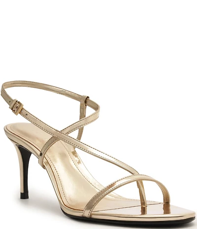 Schutz Azure Metallic Patent Leather Mid Heel Dress Sandals