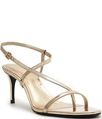 Schutz Azure Metallic Patent Leather Mid Heel Dress Sandals