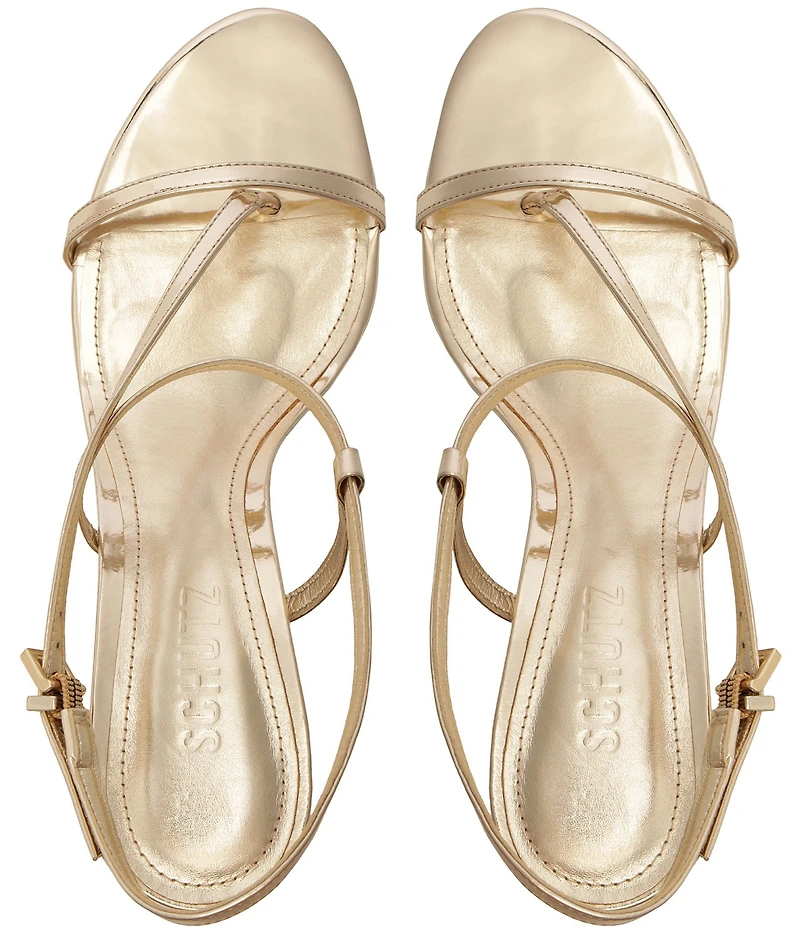 Schutz Azure Metallic Patent Leather Mid Heel Dress Sandals