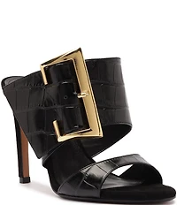 Schutz Beatrix Croco Embossed Leather Big Buckle Hardware Dress Slide Sandals