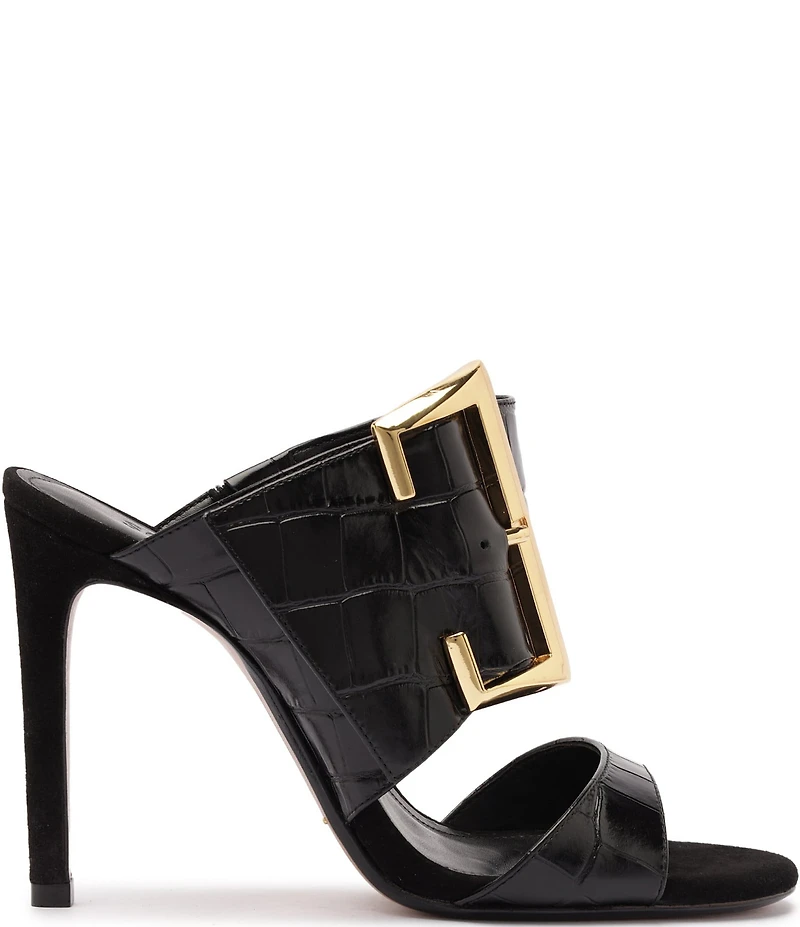 Schutz Beatrix Croco Embossed Leather Big Buckle Hardware Dress Slide Sandals