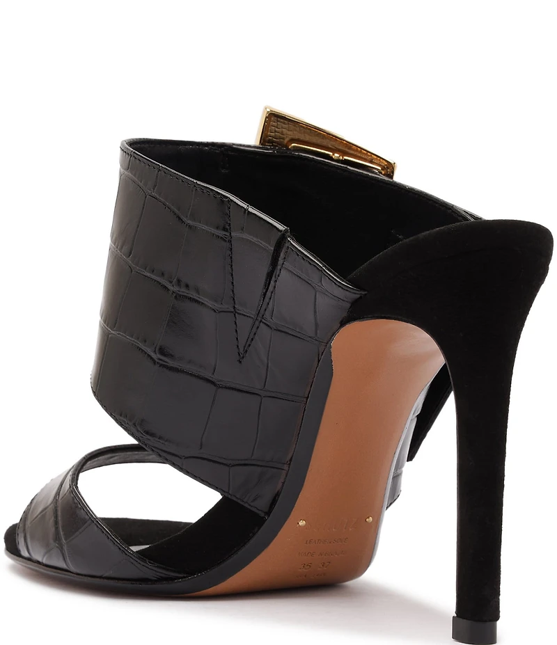 Schutz Beatrix Croco Embossed Leather Big Buckle Hardware Dress Slide Sandals