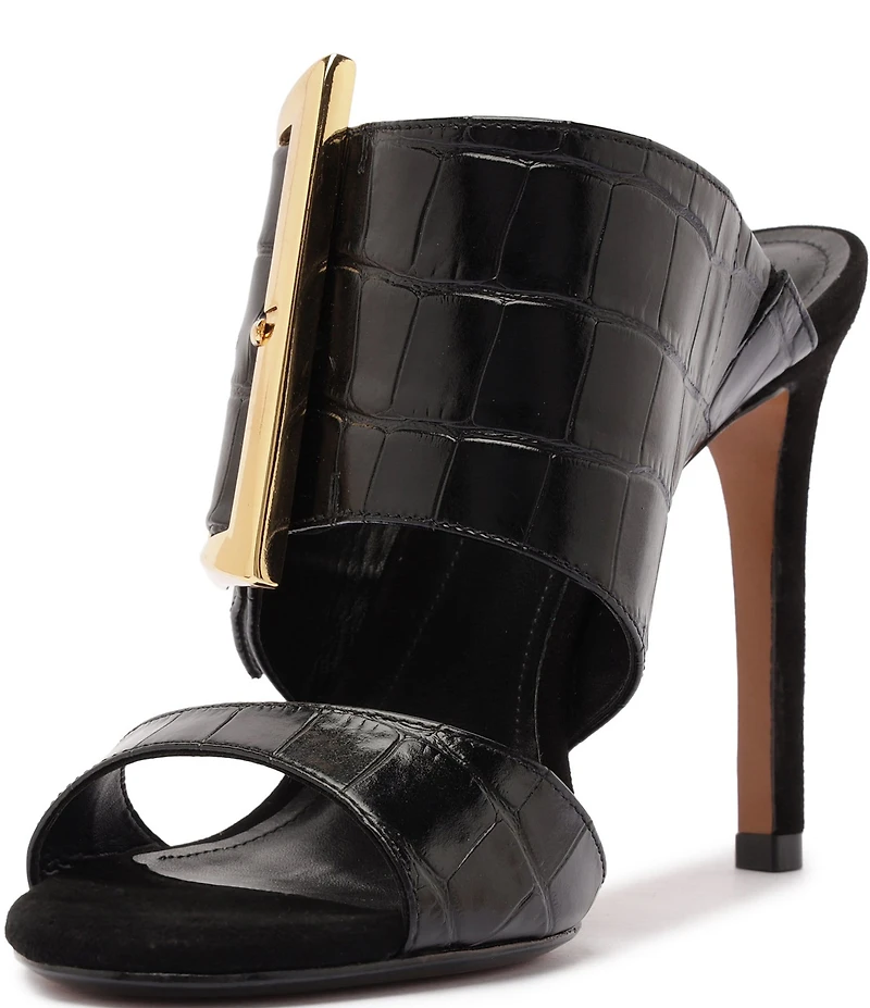 Schutz Beatrix Croco Embossed Leather Big Buckle Hardware Dress Slide Sandals