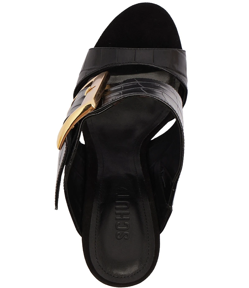 Schutz Beatrix Croco Embossed Leather Big Buckle Hardware Dress Slide Sandals