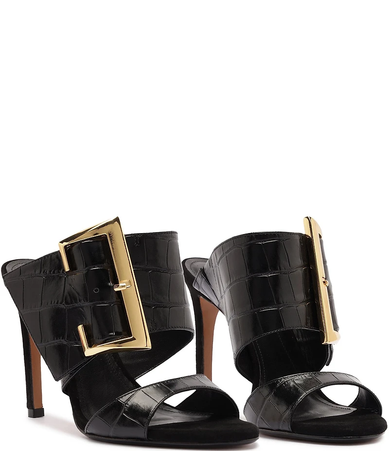 Schutz Beatrix Croco Embossed Leather Big Buckle Hardware Dress Slide Sandals