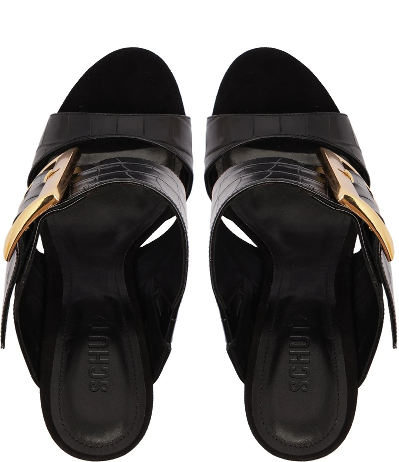 Schutz Beatrix Croco Embossed Leather Big Buckle Hardware Dress Slide Sandals