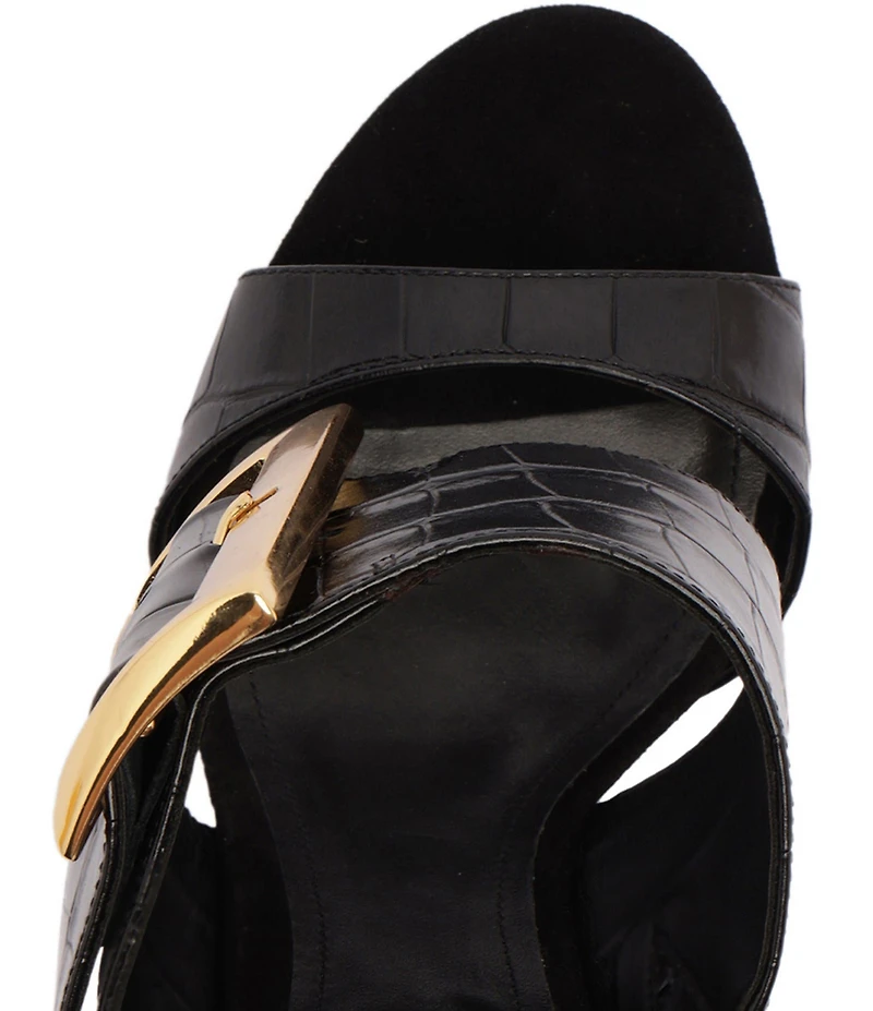 Schutz Beatrix Croco Embossed Leather Big Buckle Hardware Dress Slide Sandals