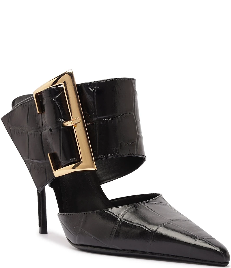 Schutz Beatrix Croco Embossed Leather Big Buckle Hardware Pointed Toe Mules
