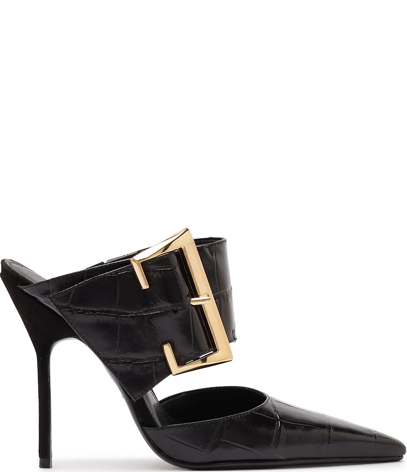 Schutz Beatrix Croco Embossed Leather Big Buckle Hardware Pointed Toe Mules