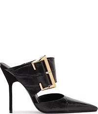 Schutz Beatrix Croco Embossed Leather Big Buckle Hardware Pointed Toe Mules