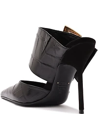 Schutz Beatrix Croco Embossed Leather Big Buckle Hardware Pointed Toe Mules