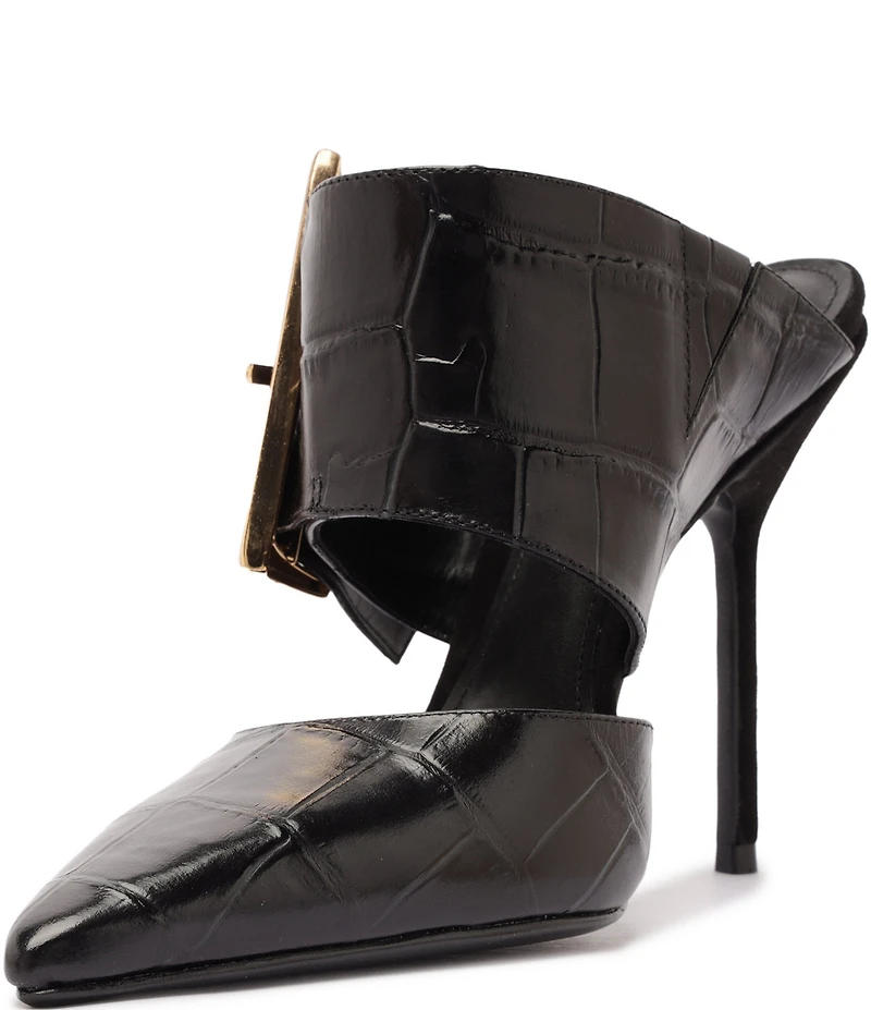 Schutz Beatrix Croco Embossed Leather Big Buckle Hardware Pointed Toe Mules