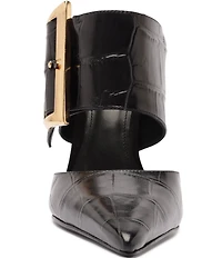 Schutz Beatrix Croco Embossed Leather Big Buckle Hardware Pointed Toe Mules