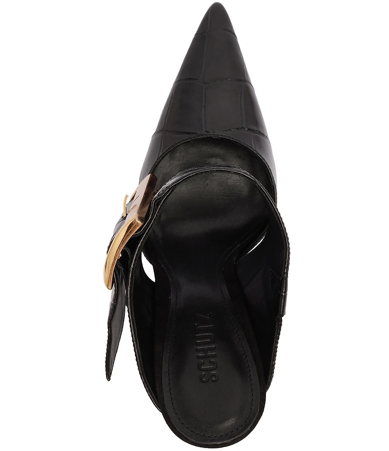 Schutz Beatrix Croco Embossed Leather Big Buckle Hardware Pointed Toe Mules