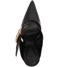 Schutz Beatrix Croco Embossed Leather Big Buckle Hardware Pointed Toe Mules