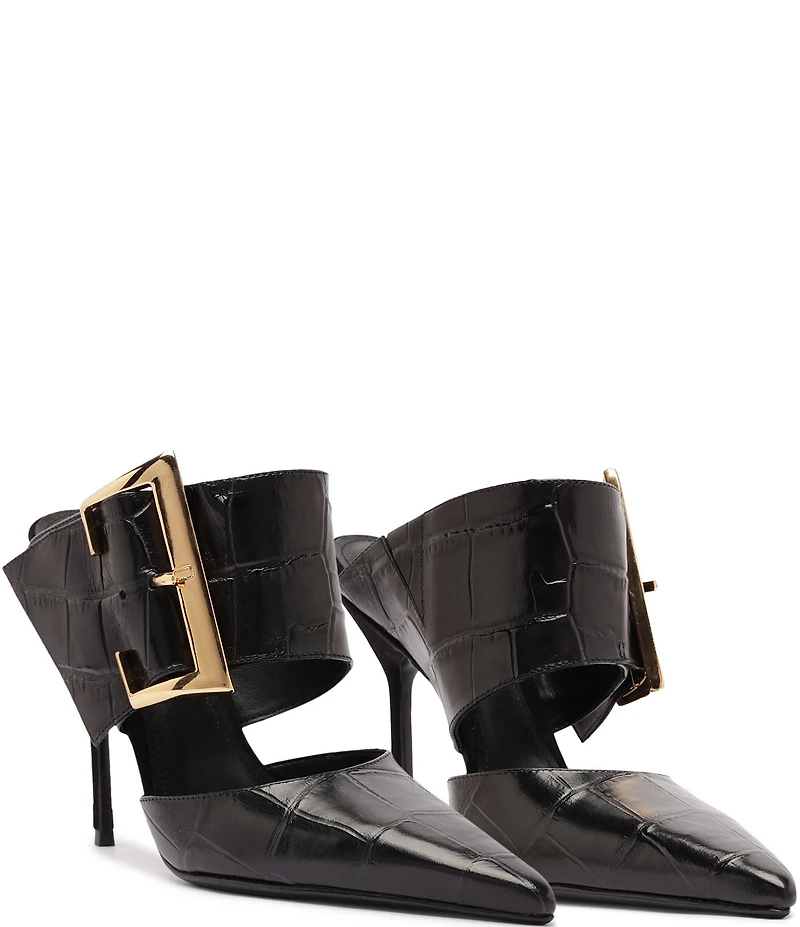 Schutz Beatrix Croco Embossed Leather Big Buckle Hardware Pointed Toe Mules
