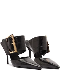 Schutz Beatrix Croco Embossed Leather Big Buckle Hardware Pointed Toe Mules