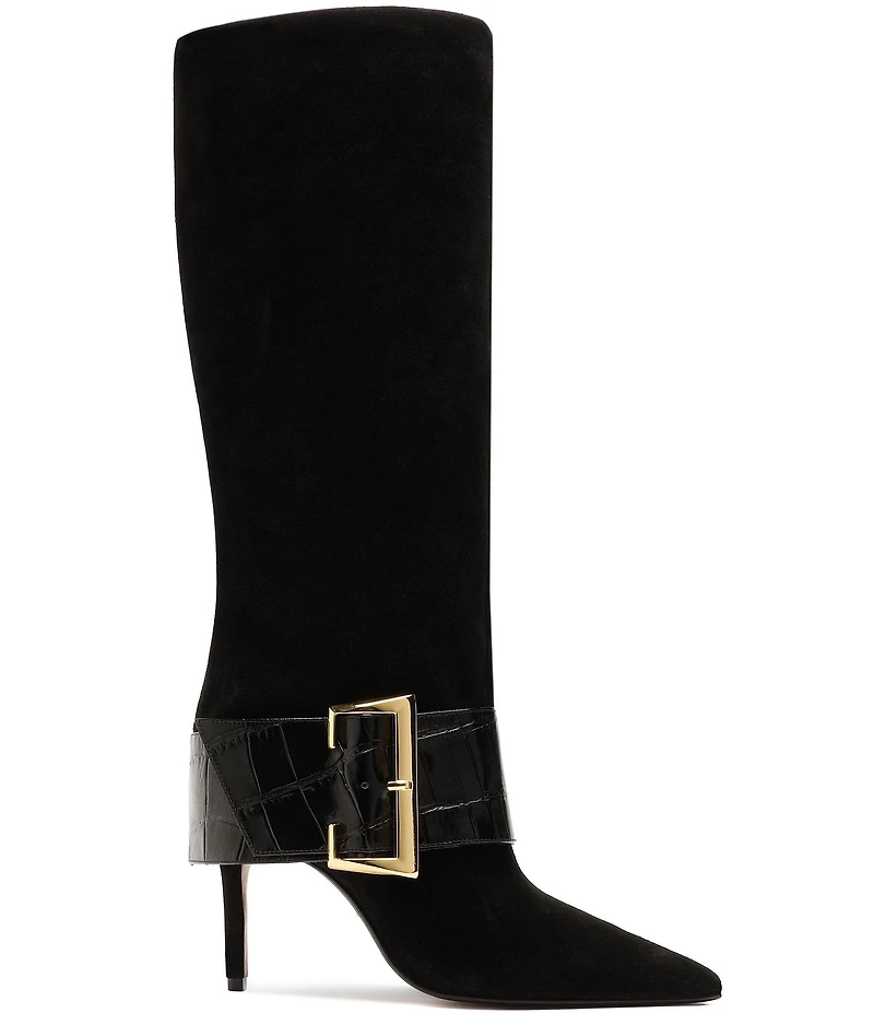 Schutz Beatrix Suede Croco Strap Big Buckle Hardware Tall Dress Boots
