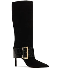 Schutz Beatrix Suede Croco Strap Big Buckle Hardware Tall Dress Boots