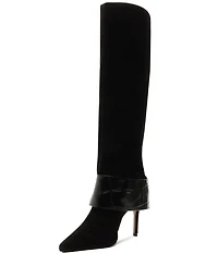 Schutz Beatrix Suede Croco Strap Big Buckle Hardware Tall Dress Boots