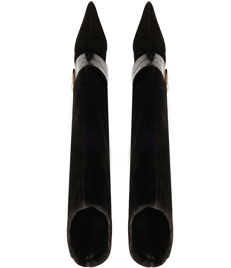 Schutz Beatrix Suede Croco Strap Big Buckle Hardware Tall Dress Boots