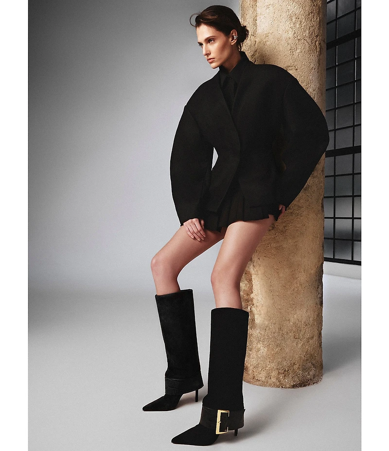 Schutz Beatrix Suede Croco Strap Big Buckle Hardware Tall Dress Boots