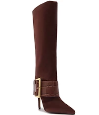 Schutz Beatrix Suede Croco Strap Big Buckle Hardware Tall Dress Boots