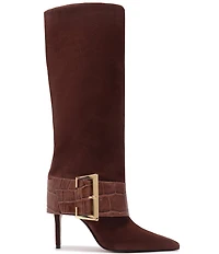Schutz Beatrix Suede Croco Strap Big Buckle Hardware Tall Dress Boots