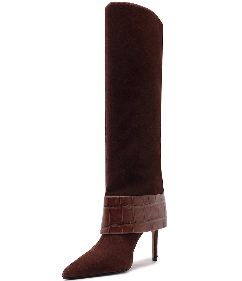 Schutz Beatrix Suede Croco Strap Big Buckle Hardware Tall Dress Boots