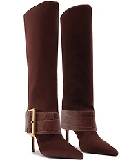Schutz Beatrix Suede Croco Strap Big Buckle Hardware Tall Dress Boots