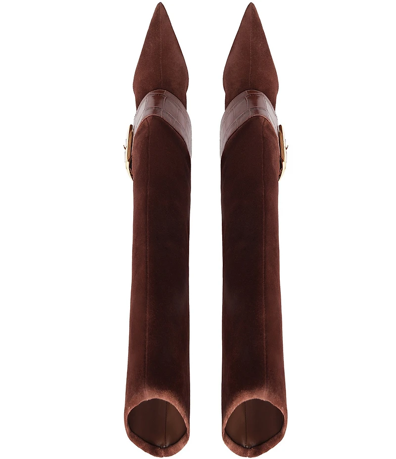 Schutz Beatrix Suede Croco Strap Big Buckle Hardware Tall Dress Boots