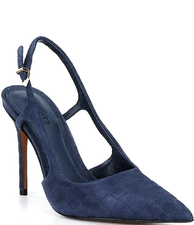 Schutz Boris Croco Printed Suede Pointed Toe Slingback High Heel Pumps