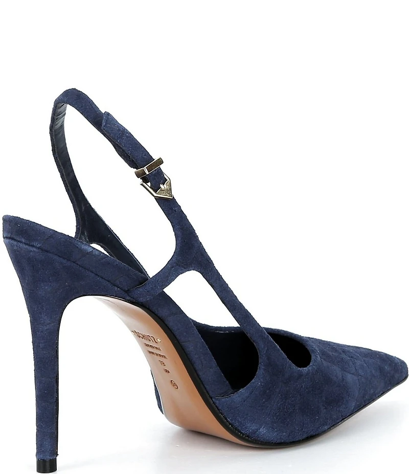 Schutz Boris Croco Printed Suede Pointed Toe Slingback High Heel Pumps