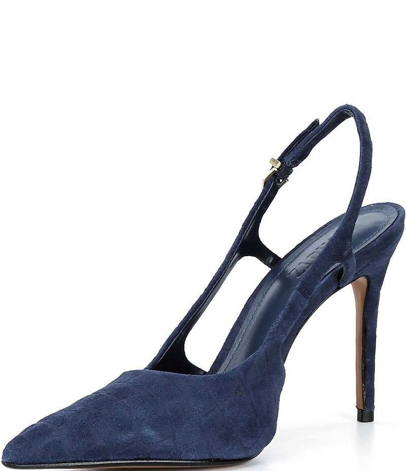 Schutz Boris Croco Printed Suede Pointed Toe Slingback High Heel Pumps