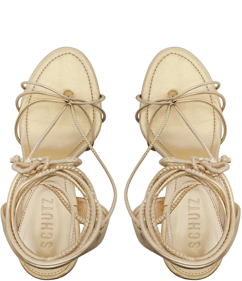 Schutz Demetria Metallic Leather Wrap Ankle Tie Thong Dress Sandals