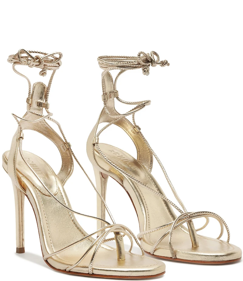 Schutz Demetria Metallic Leather Wrap Ankle Tie Thong Dress Sandals