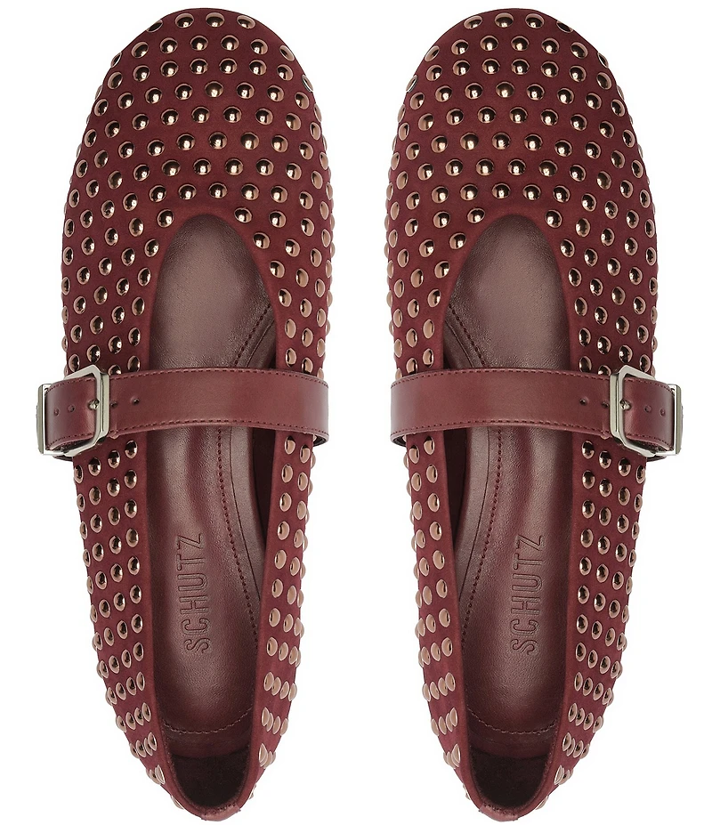 Schutz Eiza Shine Studded Nubuck Leather Mary Jane Ballet Flats