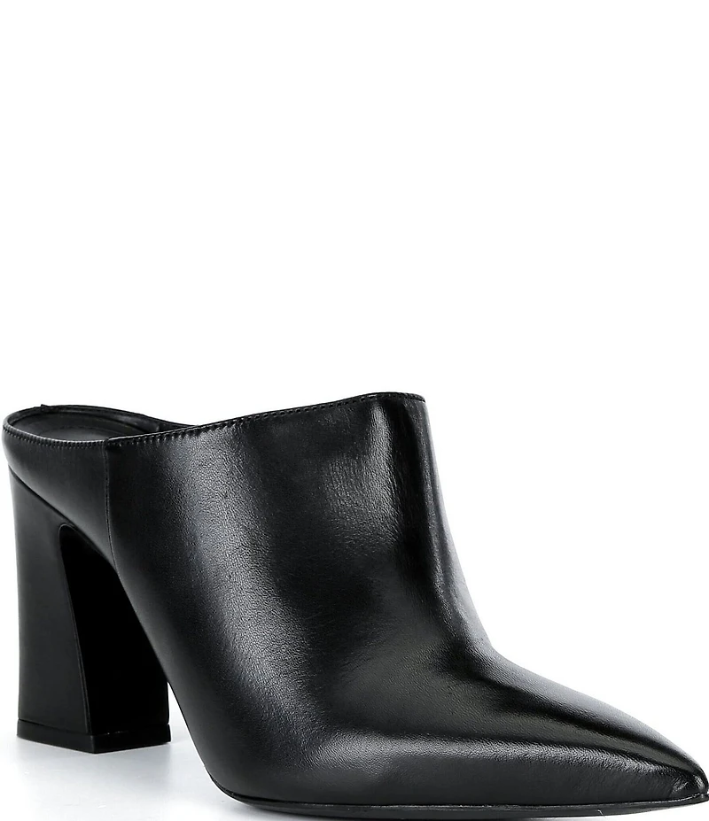 Schutz Eleanor Leather Pointed Toe Block Heel Mules