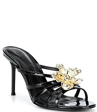 Schutz Flora Patent Leather Floral Hardware High Heel Dress Slide Sandals