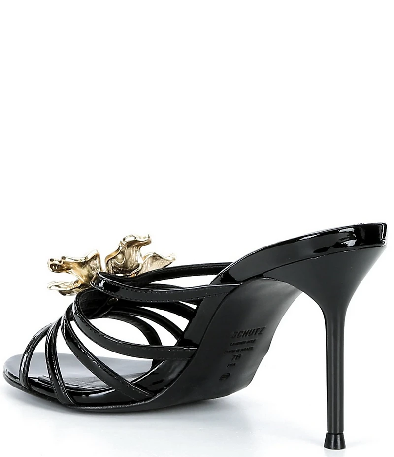 Schutz Flora Patent Leather Floral Hardware High Heel Dress Slide Sandals
