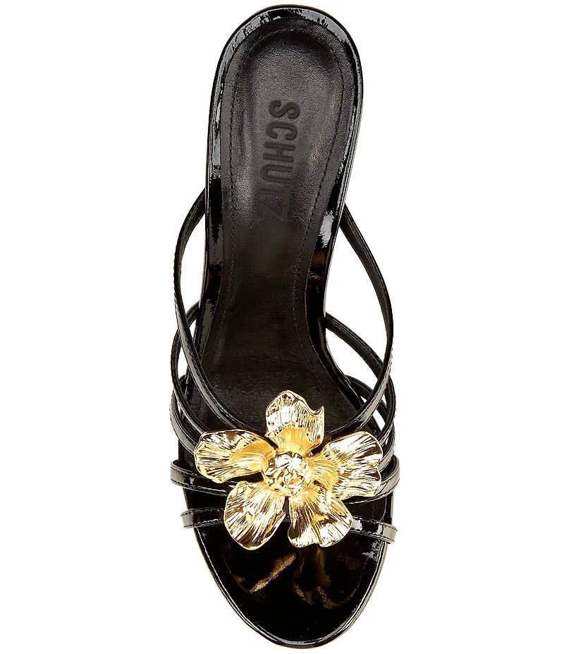 Schutz Flora Patent Leather Floral Hardware High Heel Dress Slide Sandals