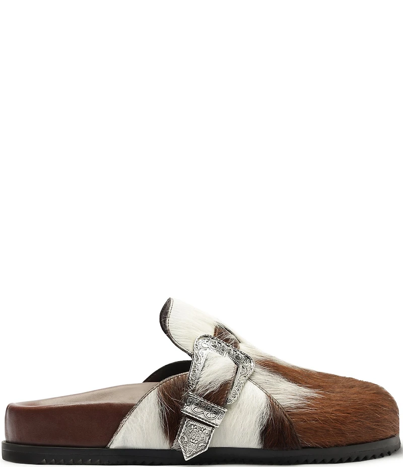 Schutz Grace Cow Print Hair Calf Western Buckle Hardware Clogs